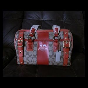 Coach Heritage Stripe XL Satchel in red/khaki